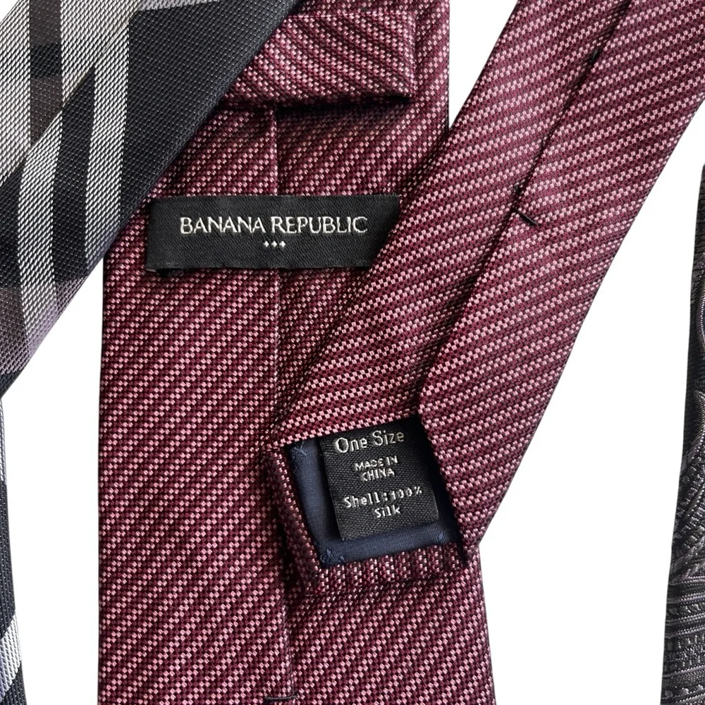 3 Banana Republic Factory Silk Ties Red Gray Plaid Stripes Paisley